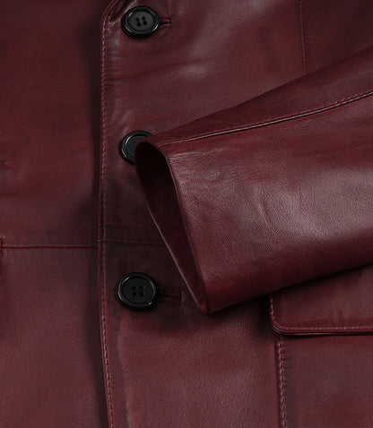 Men's Burgundy Lambskin Leather Blazer - Three Button Style