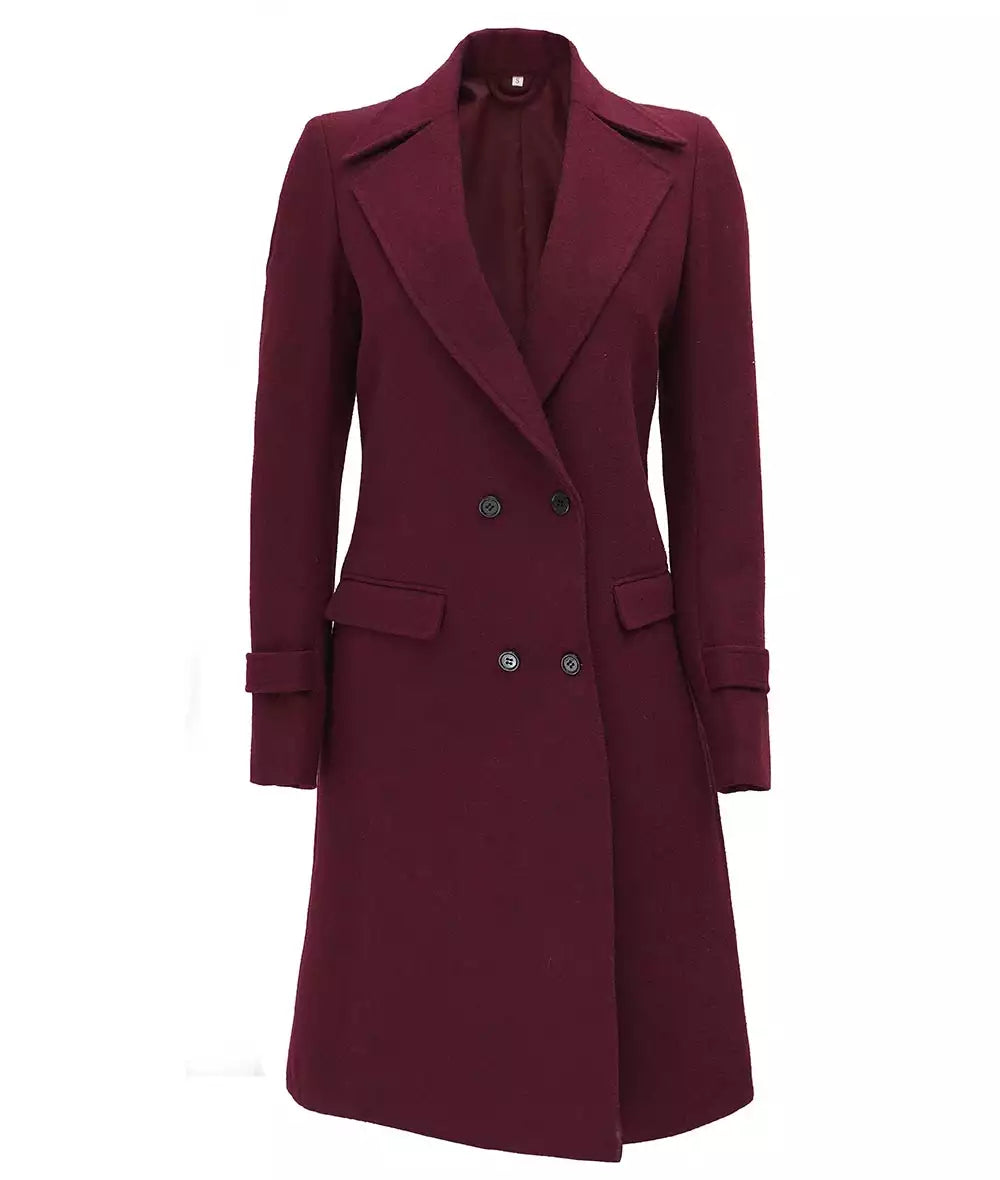 Women's Double Breasted Wool Coat – Maroon Long Wrap Coat