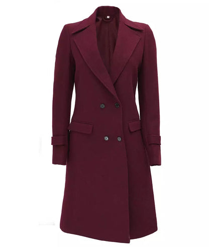 Women's Double Breasted Wool Coat – Maroon Long Wrap Coat