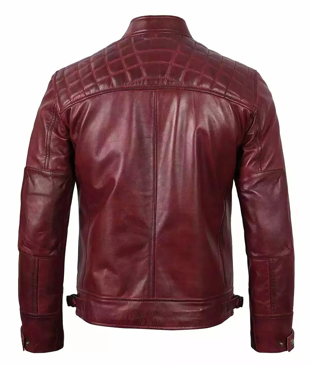 Mens Real Leather Burgundy Biker Jacket - Quilted Shoulder