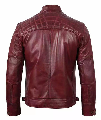 Mens Real Leather Burgundy Biker Jacket - Quilted Shoulder