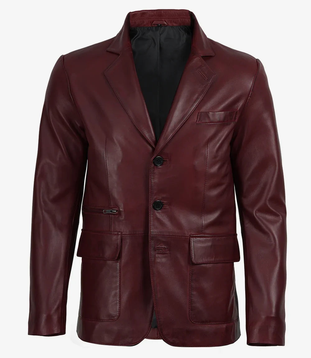 Men's Burgundy Lambskin Leather Blazer - Three Button Style