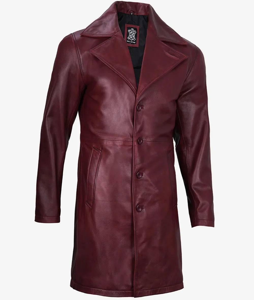 Mens Real Leather 3/4 Length Maroon Coat
