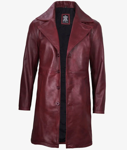 Mens Real Leather 3/4 Length Maroon Coat