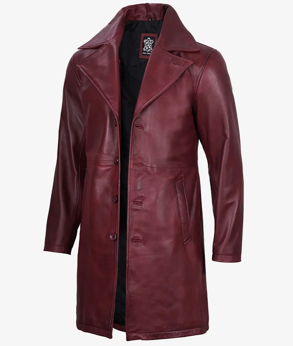 Mens Real Leather 3/4 Length Maroon Coat