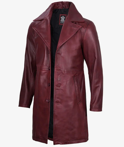 Mens Real Leather 3/4 Length Maroon Coat