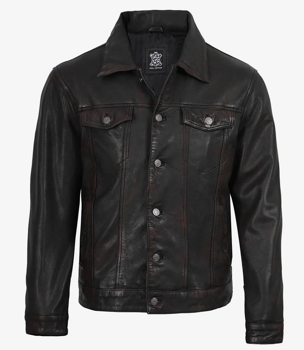 Men's Maroon Distressed Black-Washed Lambskin Trucker Jacket