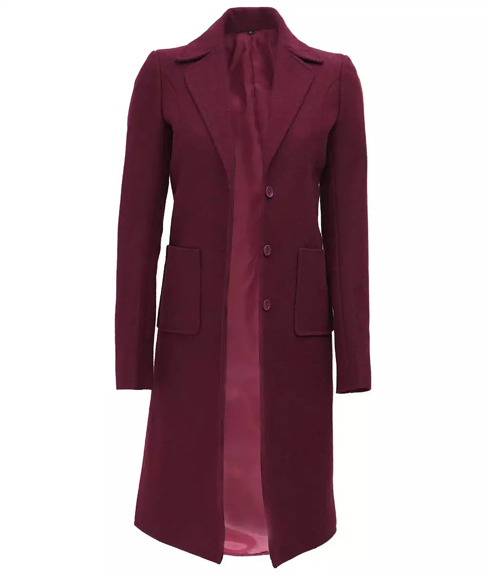 Women's Single Breasted Maroon Long Wool Coat