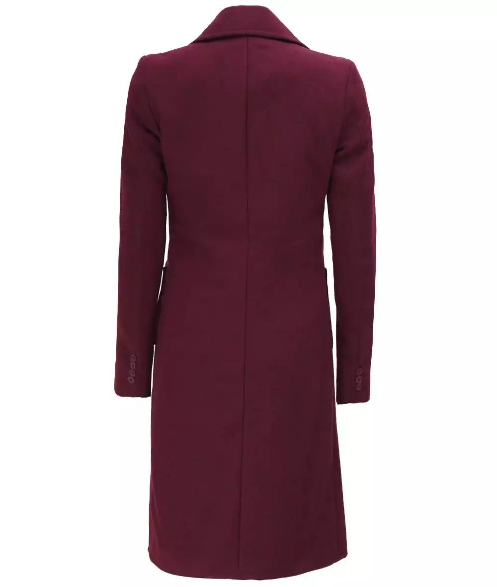 Women's Single Breasted Maroon Long Wool Coat