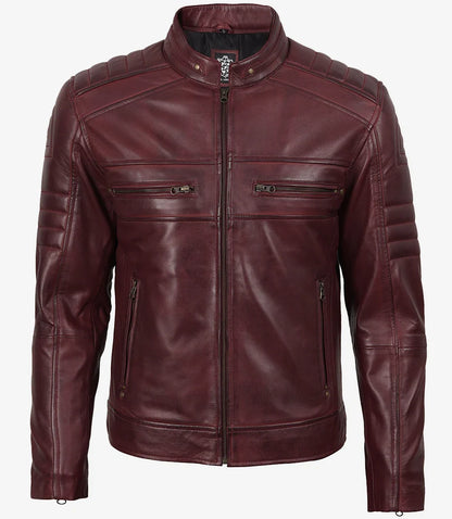 Mens Biker Style Burgundy Leather Jacket