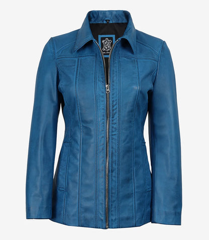 Marsha Women’s Blue Leather Long Jacket – Shirt Collar