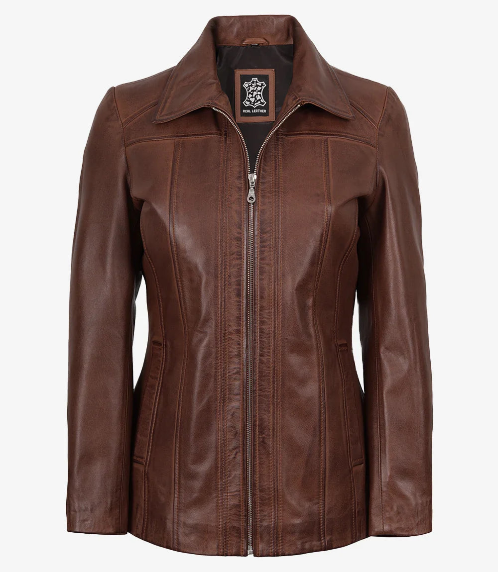 Marsha Womens Cognac Leather Car Coat