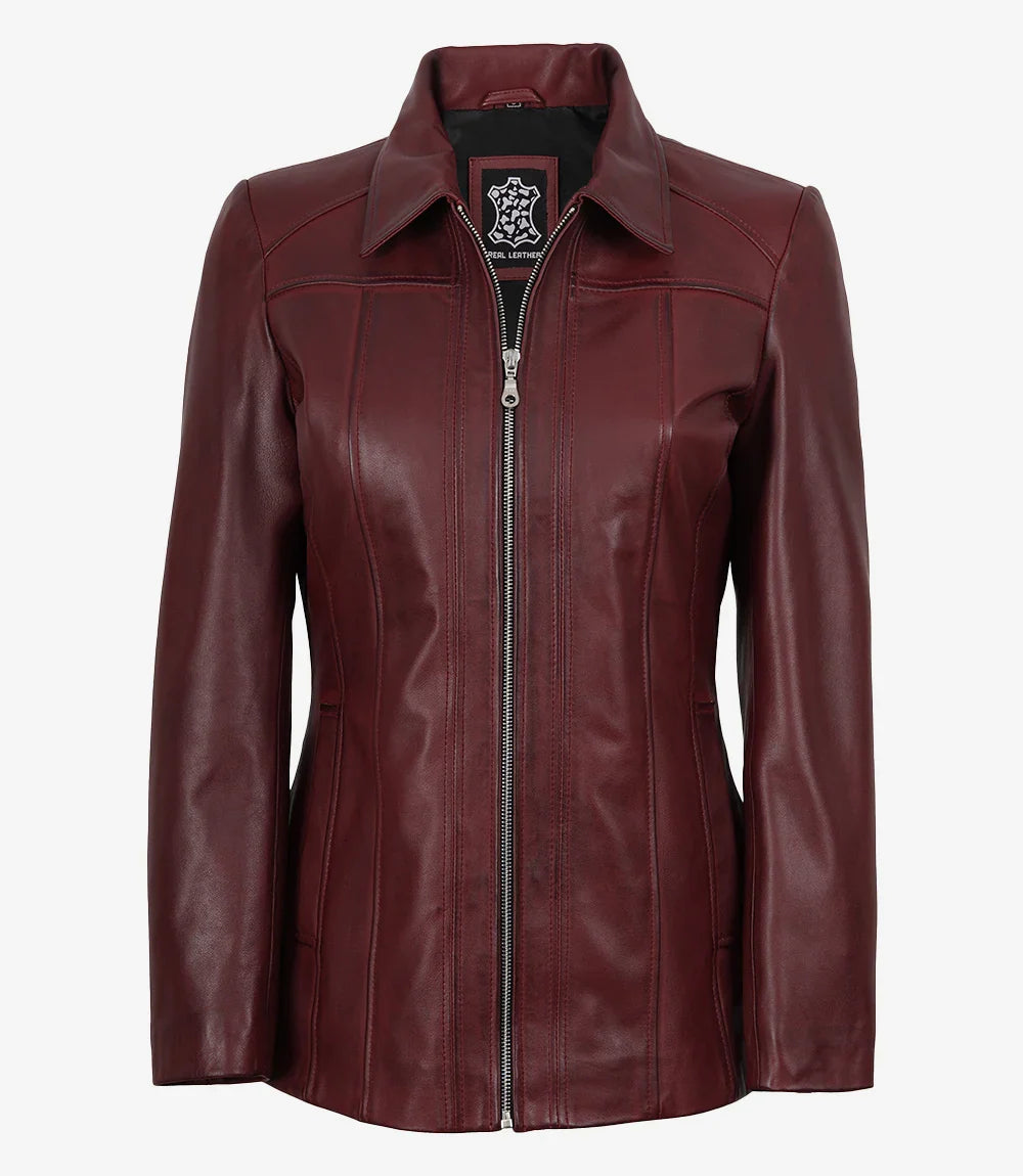 Marsha Womens Maroon Leather Car Coat