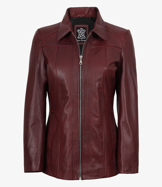 Marsha Womens Maroon Leather Car Coat