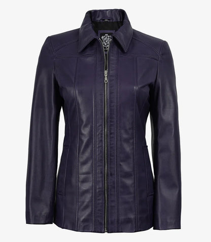 Marsha Women’s Real Leather Coat – Purple Shirt-Collar Style