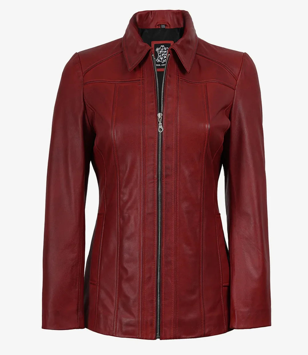 Marsha Women’s Red Leather Walking Coat – Shirt Collar