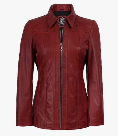 Marsha Women’s Red Leather Walking Coat – Shirt Collar