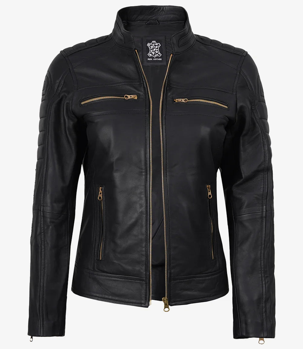 Women's Matte Black Leather Cafe Racer Jacket with Gold Zippers