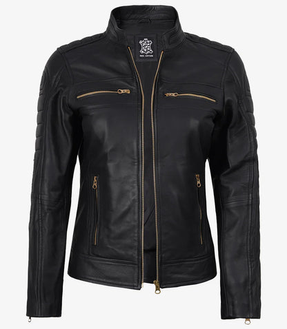 Women's Matte Black Leather Cafe Racer Jacket with Gold Zippers