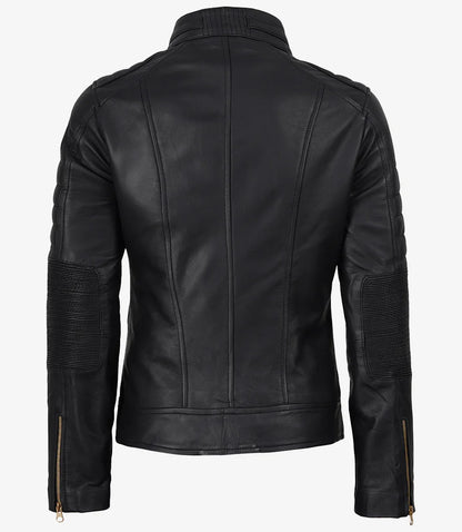 Women's Matte Black Leather Cafe Racer Jacket with Gold Zippers