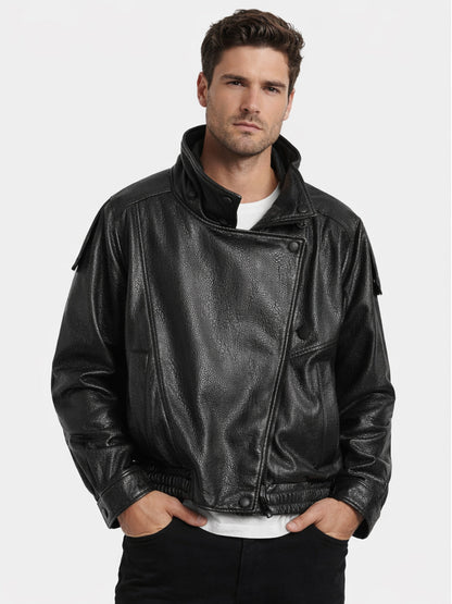 Black Funnel Collar Leather Jacket – Premium Textured Finish | Men & Women