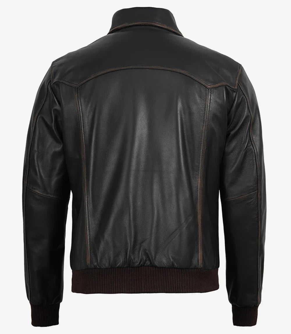 Men's Distressed Brown Leather Bomber Jacket with Shirt Collar