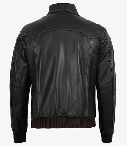 Men's Distressed Brown Leather Bomber Jacket with Shirt Collar