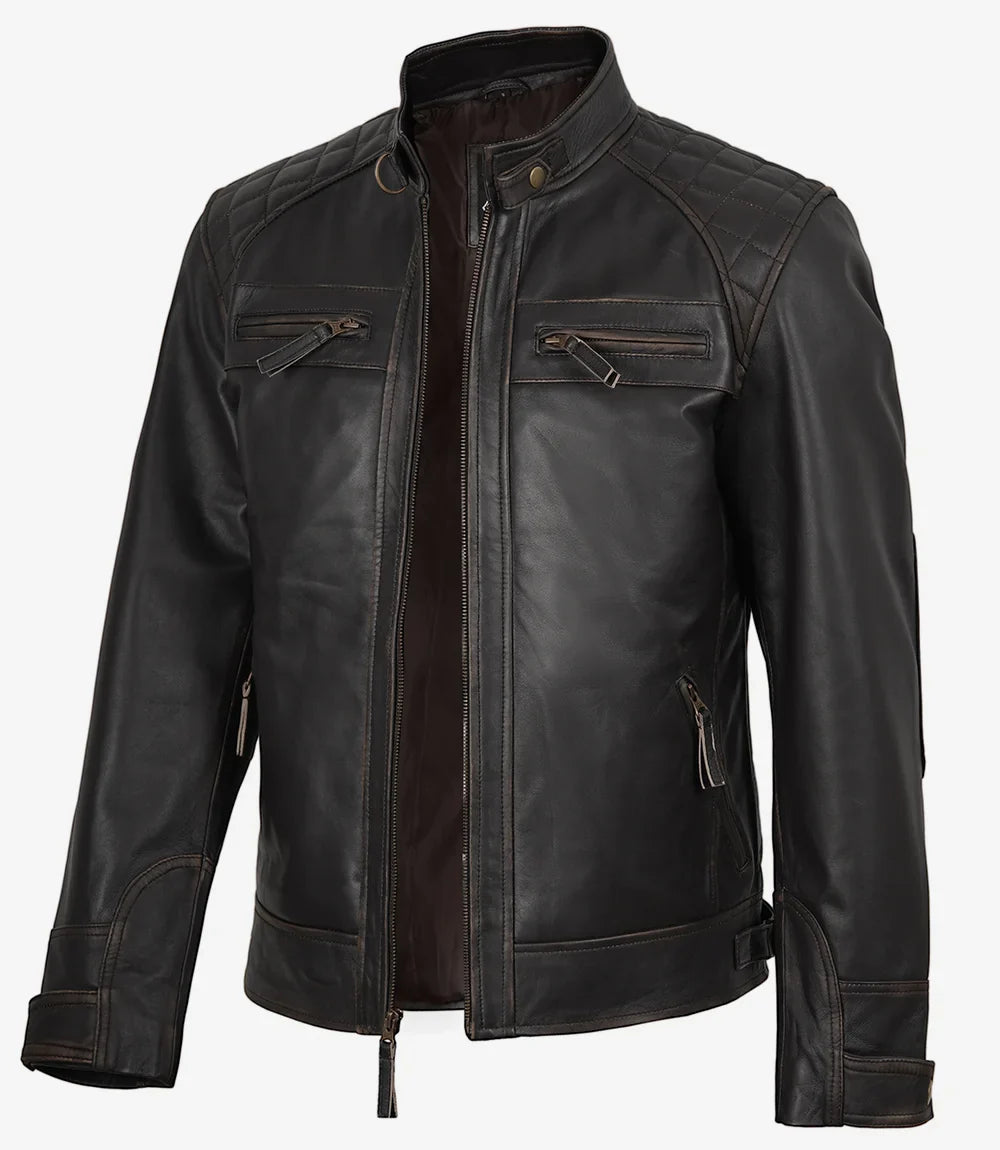 Men's Tall Distressed Brown Leather Biker Style Jacket - Quilted Shoulder