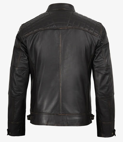Men's Tall Distressed Brown Leather Biker Style Jacket - Quilted Shoulder
