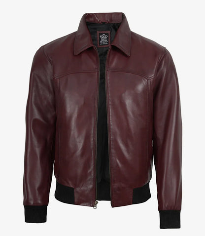 Men's Maroon Waxed Leather Bomber Jacket with Shirt Collar