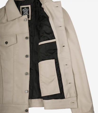 Men's Real Lambskin Leather Beige Trucker Jacket