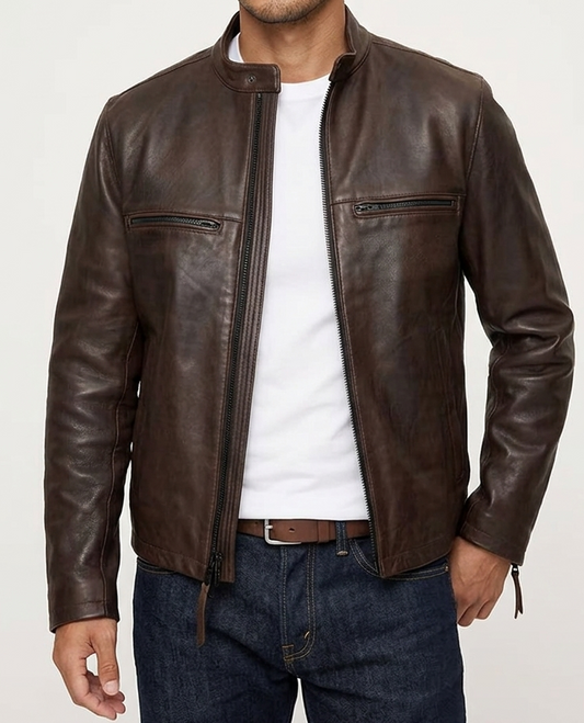 Men's Premium Brown Two-Tone Lambskin Leather Racer Jacket – Handcrafted Slim Fit Biker Style