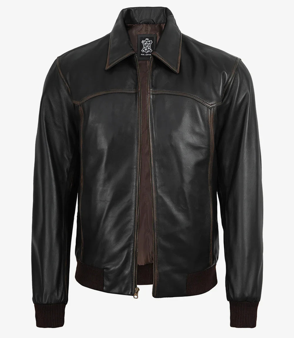 Men's Distressed Brown Leather Bomber Jacket with Shirt Collar