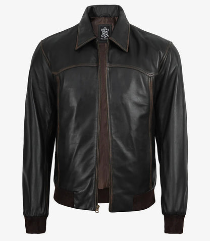 Men's Distressed Brown Leather Bomber Jacket with Shirt Collar