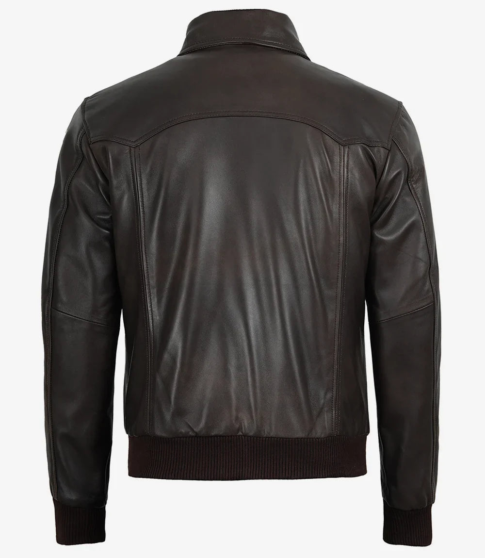 Men's Vintage Brown Leather Bomber Jacket with Shirt Collar