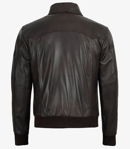 Men's Vintage Brown Leather Bomber Jacket with Shirt Collar