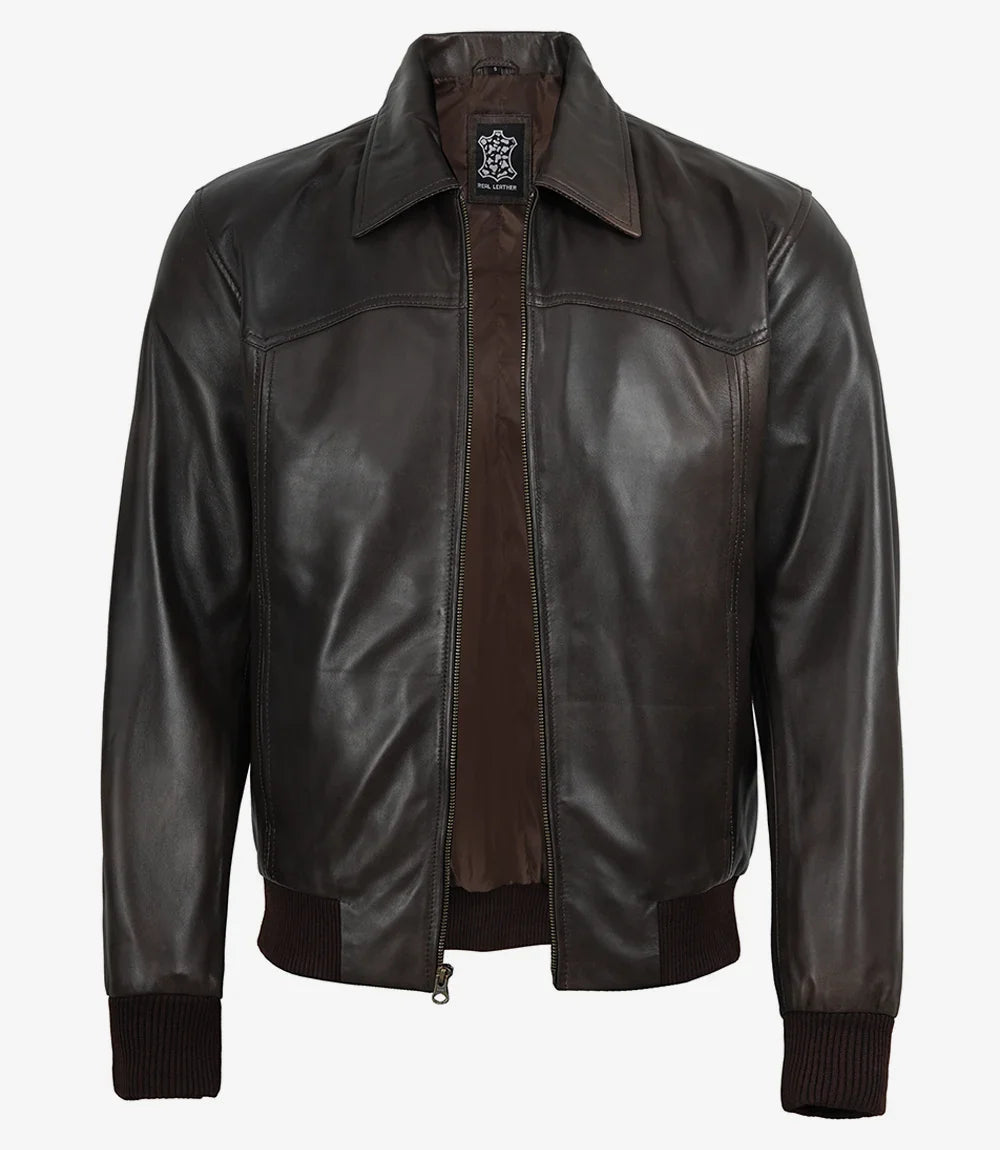 Men's Vintage Brown Leather Bomber Jacket with Shirt Collar
