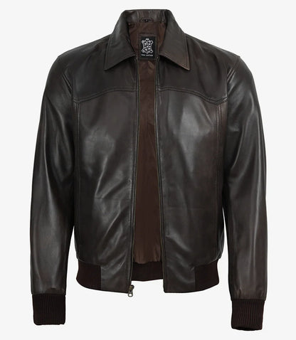 Men's Vintage Brown Leather Bomber Jacket with Shirt Collar