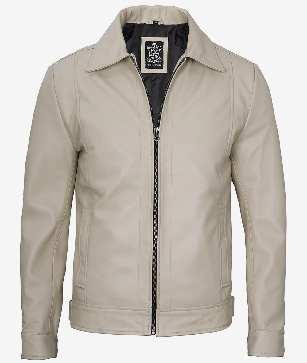 Mens Classic Shirt Collar Beige Leather Jacket Max Jackets