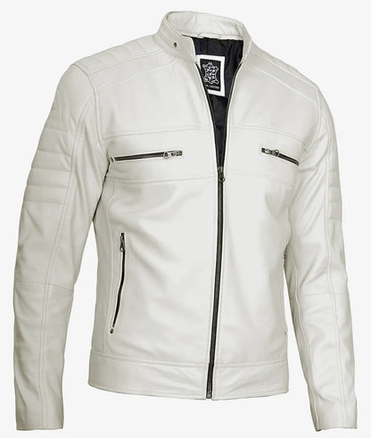Mens Off White Biker Style Leather Jacket