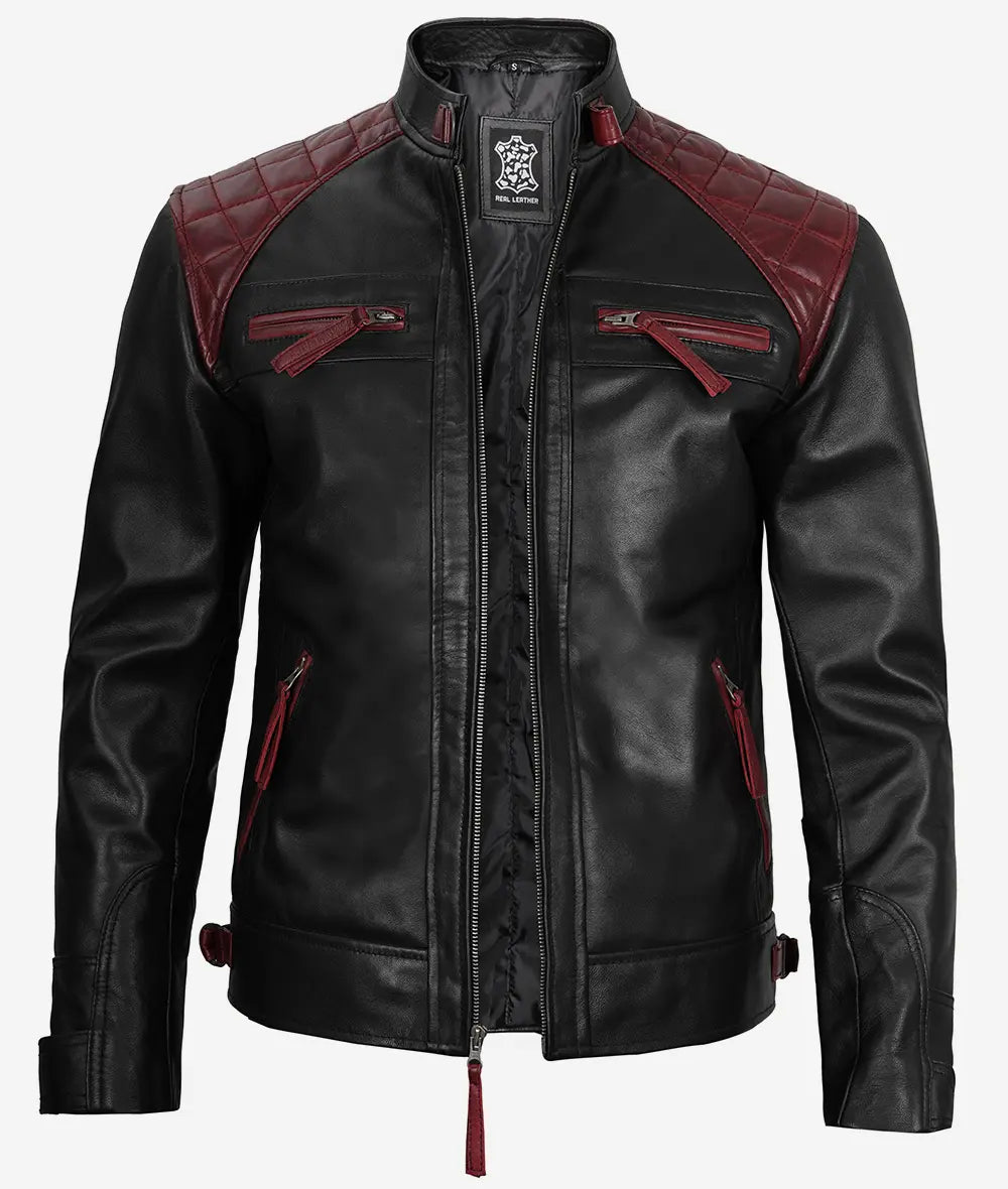 Men's Black and Maroon Biker Style Leather Jacket - Quilted Shoulder