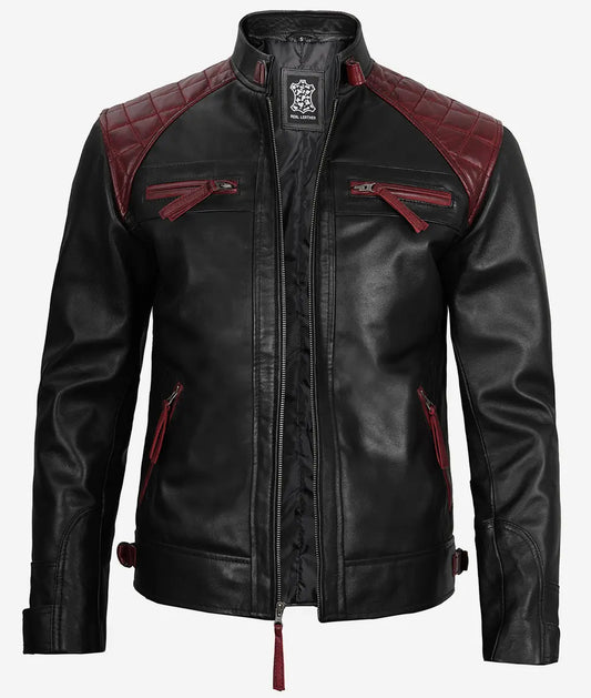 Men's Black and Maroon Biker Style Leather Jacket - Quilted Shoulder