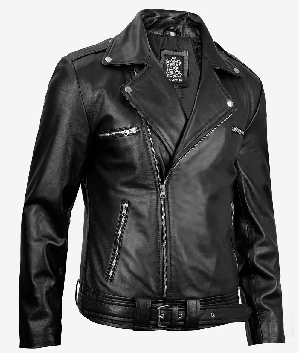 Negan Men's Black Asymmetrical Belted Biker Style Leather Jacket