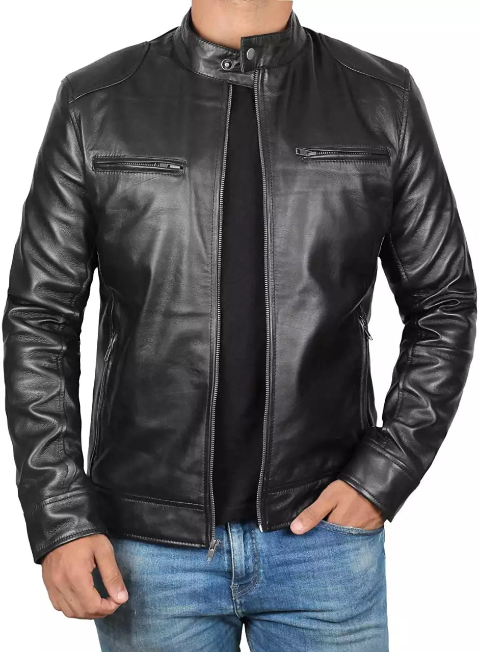 Lambskin Black Biker Style Leather Jacket for Tall Men