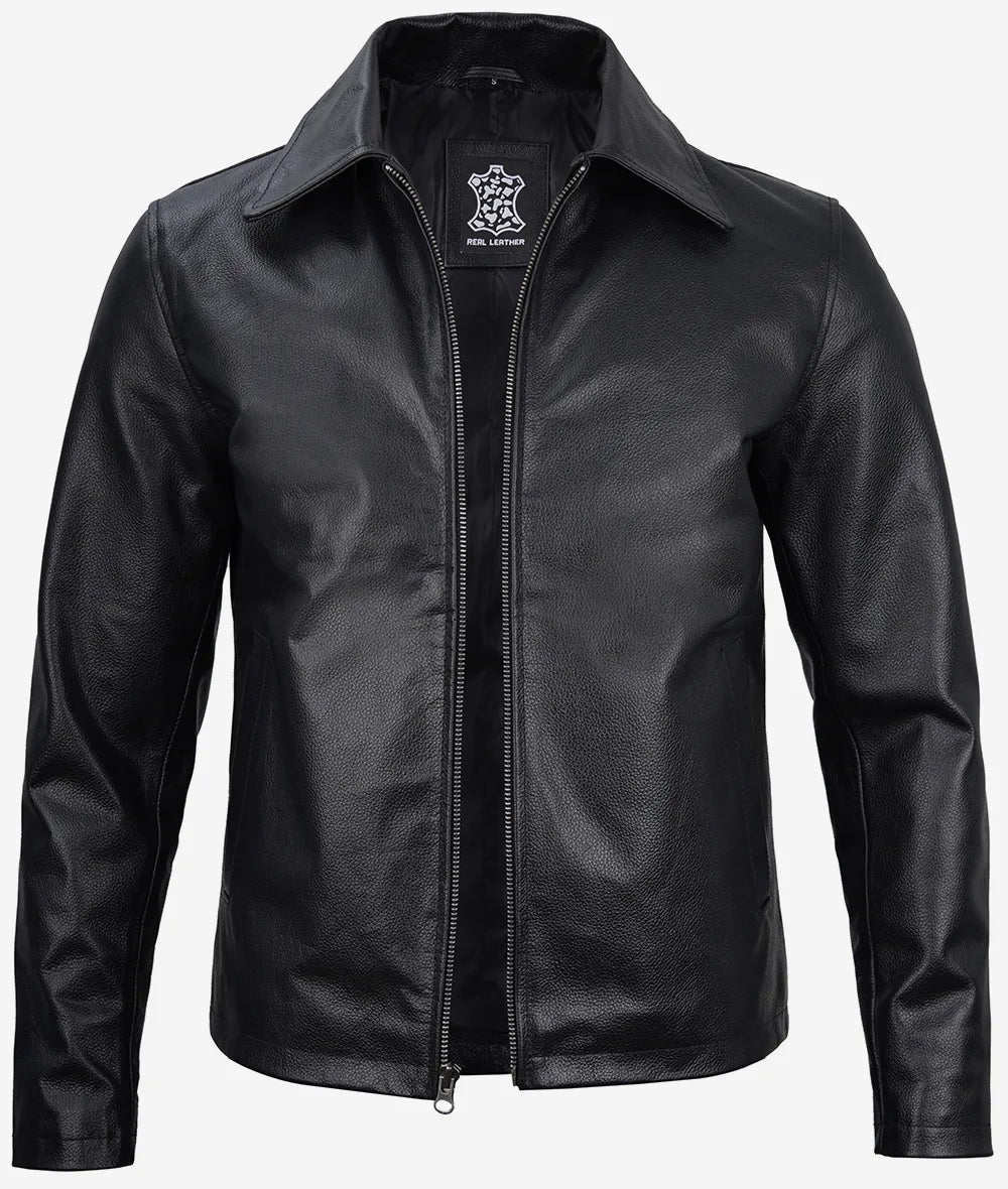 Mens Black Shirt Collar Cowhide Leather Jacket Max Jackets