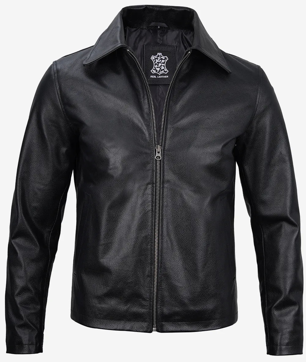 Mens Black Shirt Collar Cowhide Leather Jacket Max Jackets