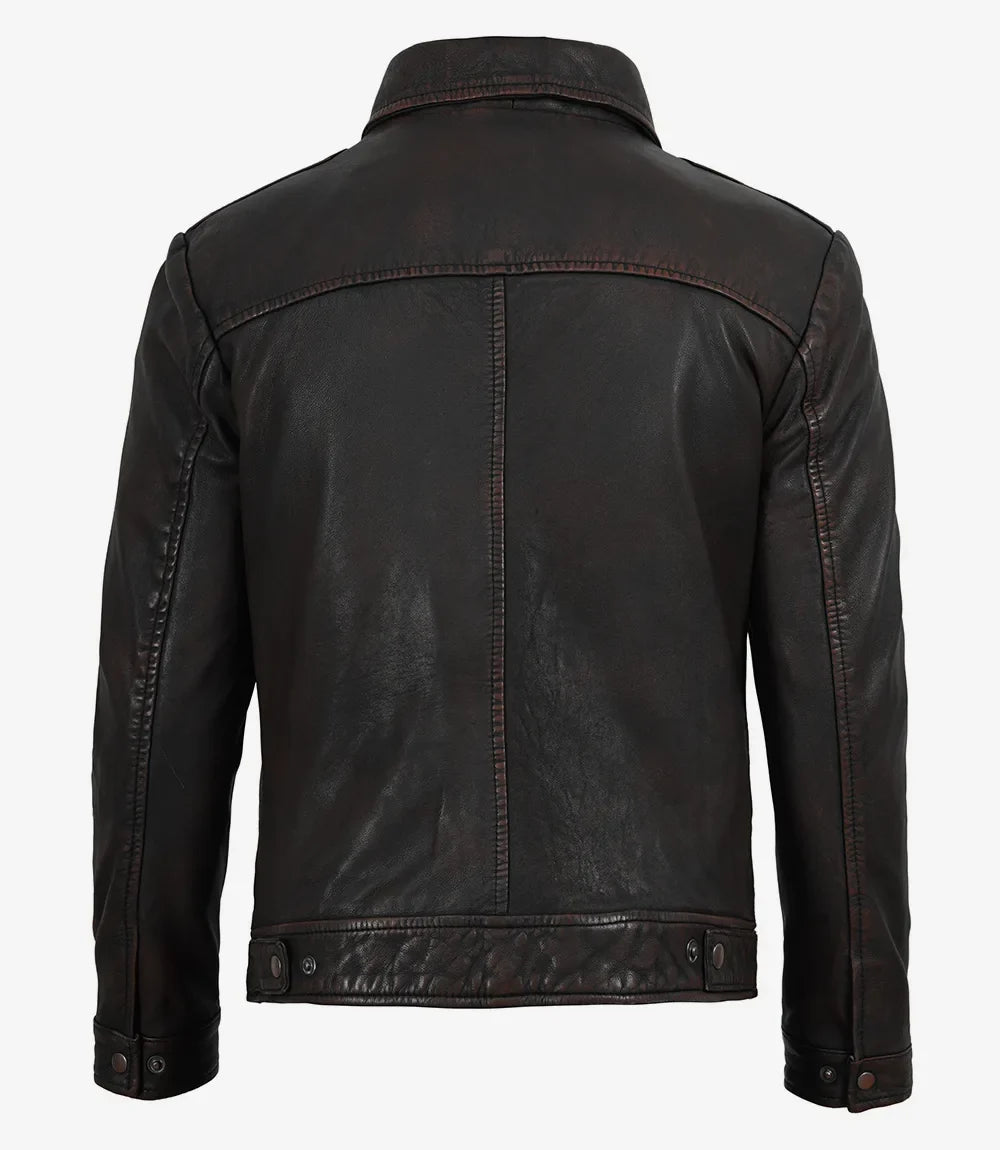 Men's Black Distressed Leather Jacket with Maroon Undertone
