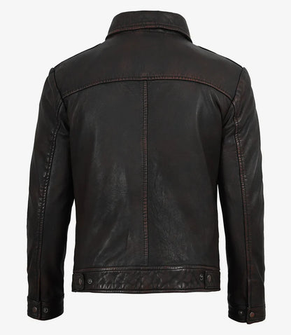 Men's Black Distressed Leather Jacket with Maroon Undertone