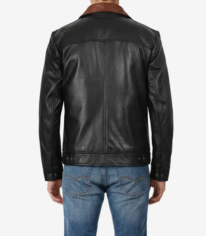Mens Cognac Shirt Collar Black Harrington Leather Jacket