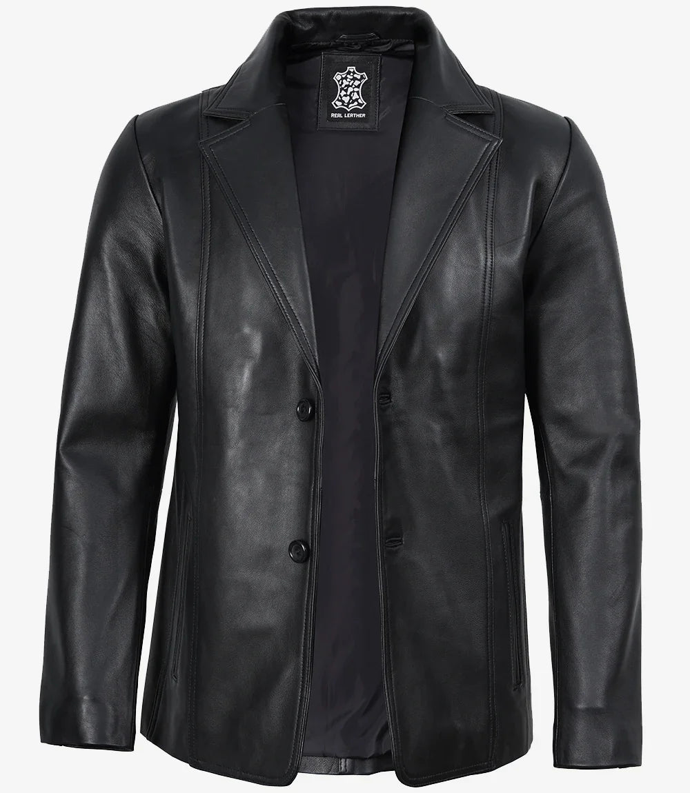 Mens Real Leather 2 Button Black Leather Blazer - Notch Lapel